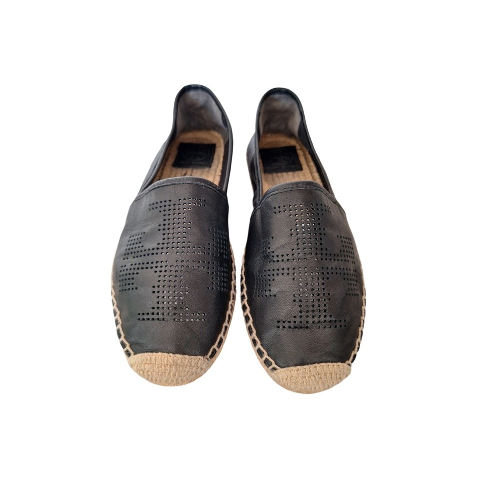 Tory Burch Black Leather Perforated Logo Espadrille Flats Shoes 8.5M